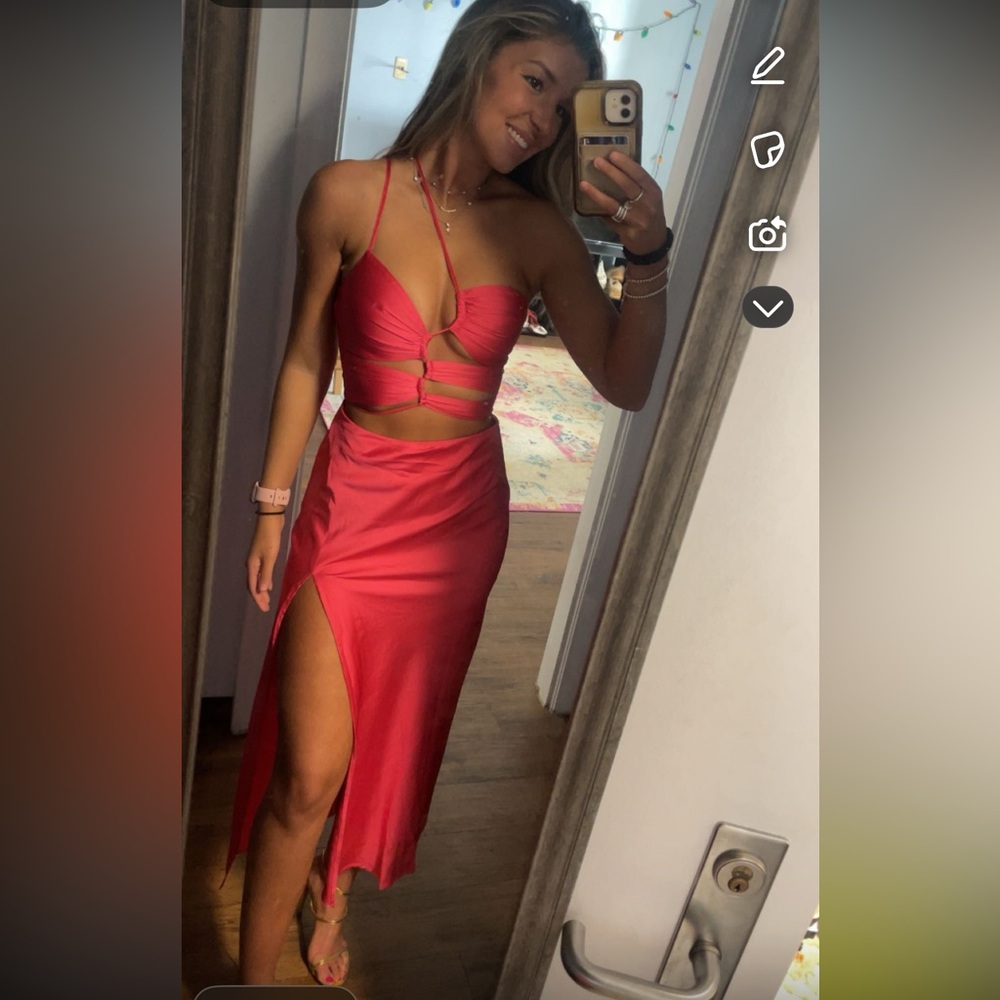 Hello Molly Coral Cut Out Satin Dress